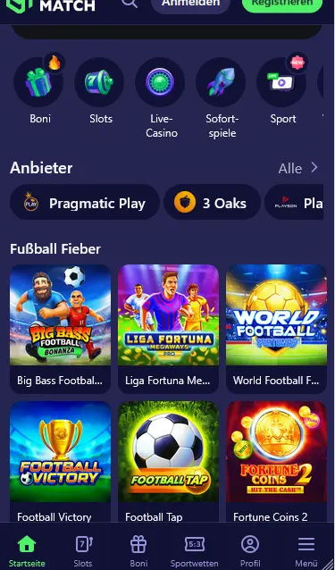 Betmatch App auf dem Smartphone mit Casino-Lobby