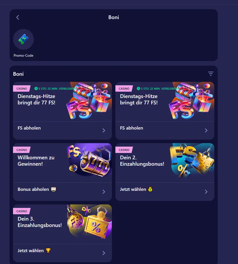 Bonus-Übersicht mit Willkommenspaket bei Betmatch