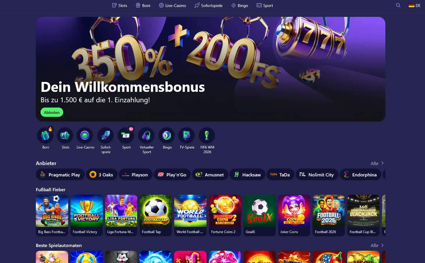 Betmatch Casino Startseite mit Spielkatalog und Navigation