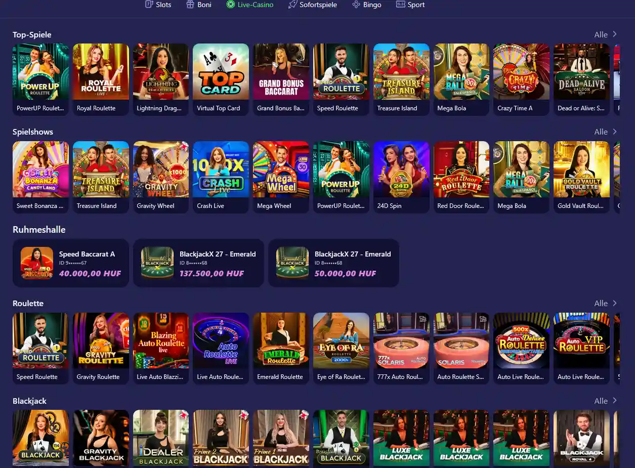 Live-Casino-Bereich von Betmatch mit Echtzeit-Tischen