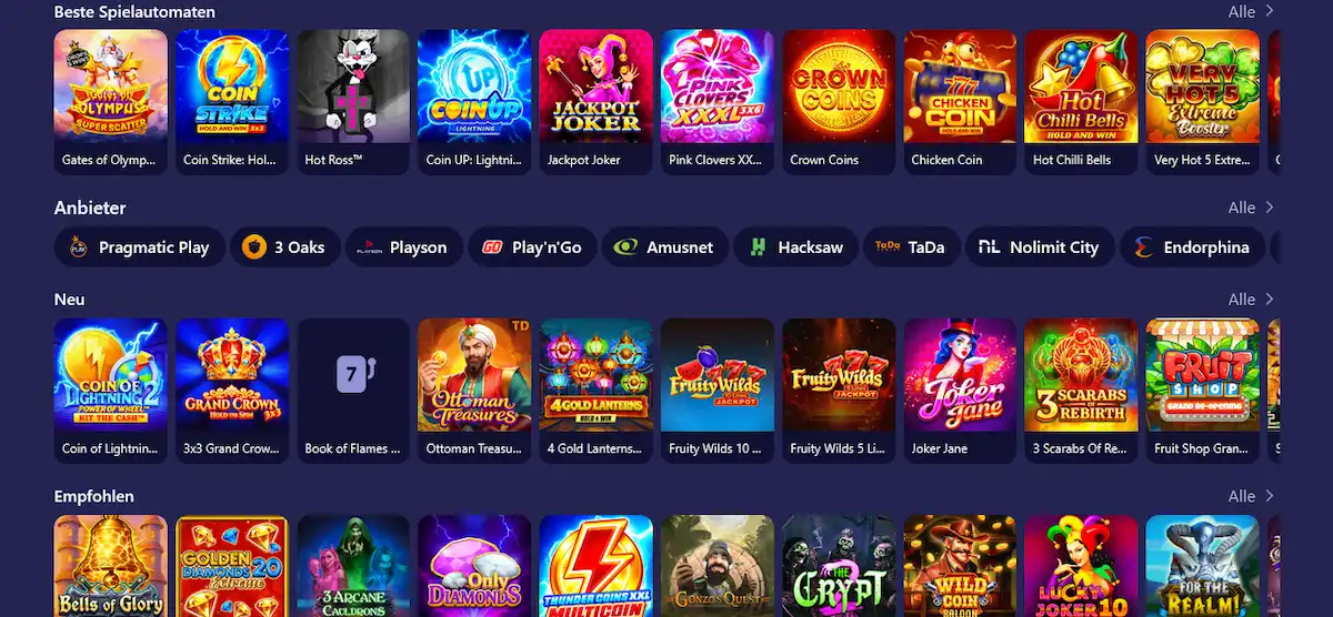 Slot-Lobby von Betmatch mit beliebten Spielautomaten