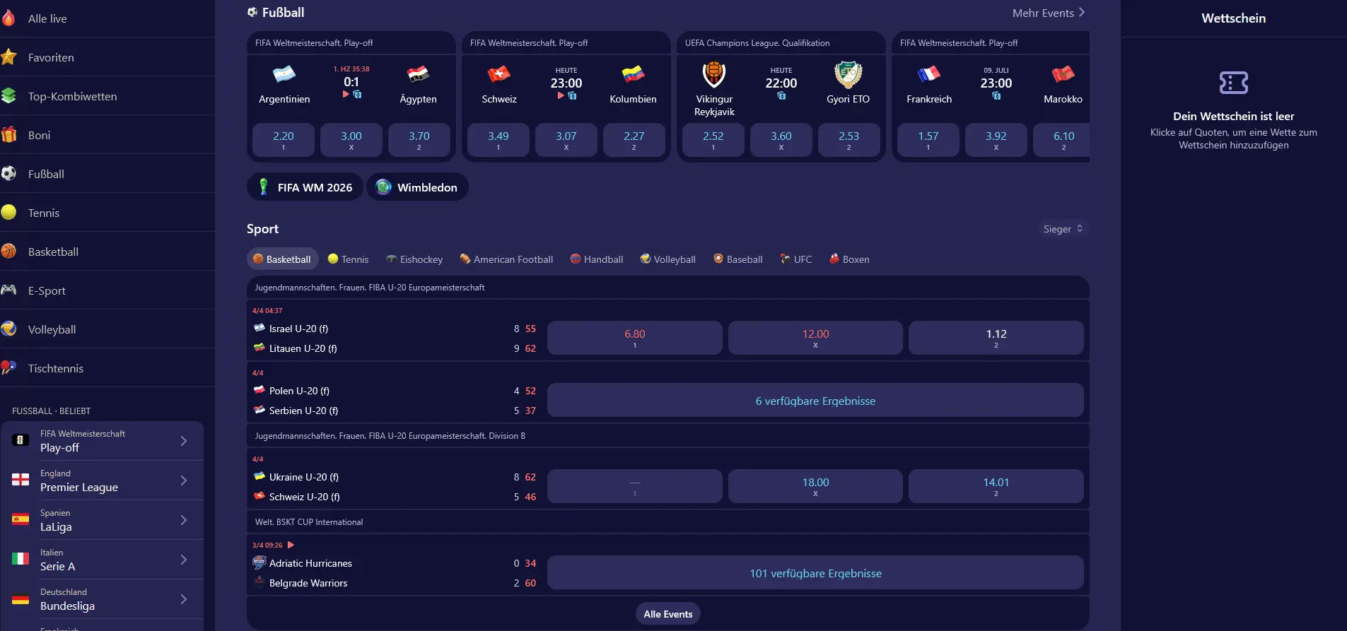 Sportwetten-Übersicht bei Betmatch mit Live-Quoten